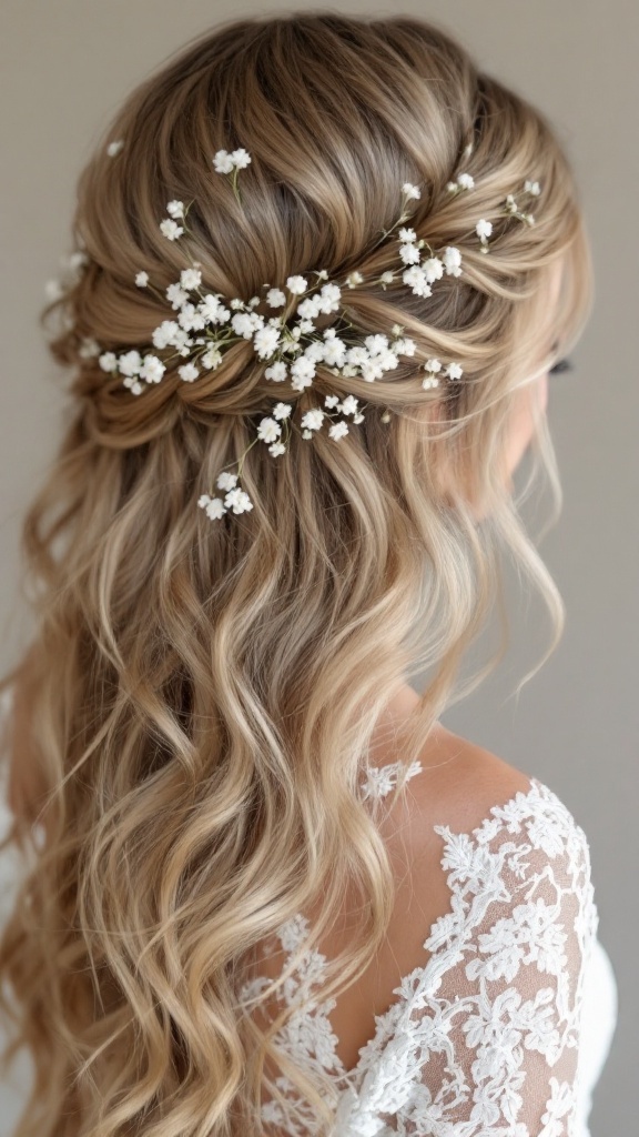 Romantic loose waves hairstyle adorned with baby's breath flowers