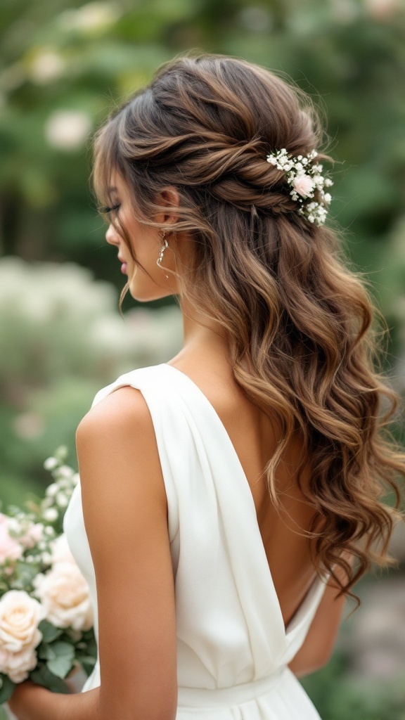 A bridesmaid with romantic loose waves in her hair, adorned with small flowers, wearing a one shoulder dress.