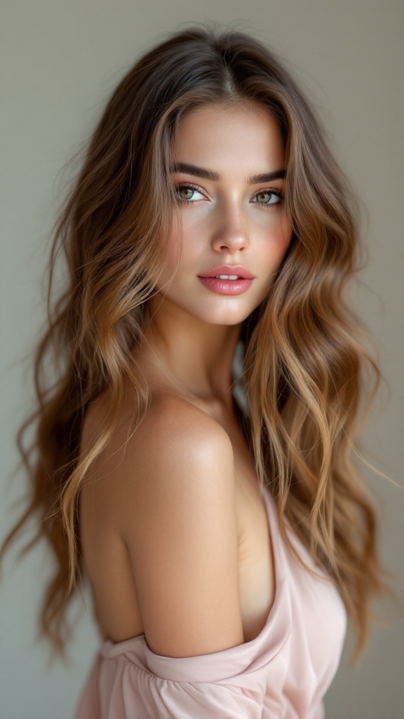 A model with long, romantic loose waves styled to complement her halter neck dress.