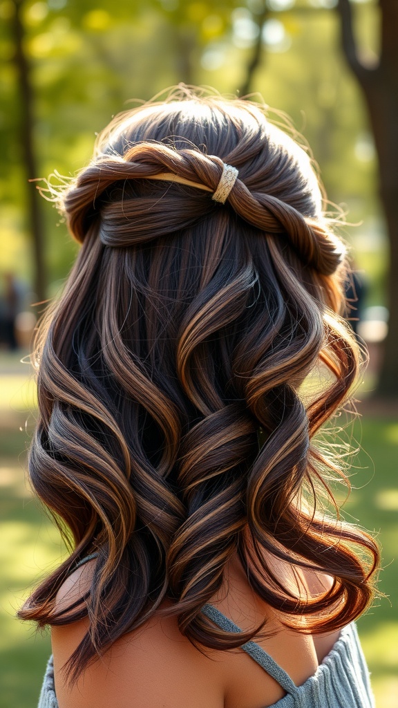 Back view of a woman with romantic loose waves and a headband in a park setting