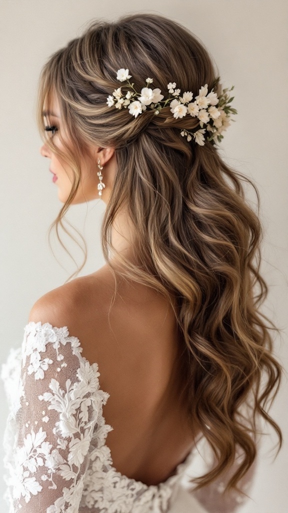 A woman with long, loose waves styled with a side part and adorned with floral accents.