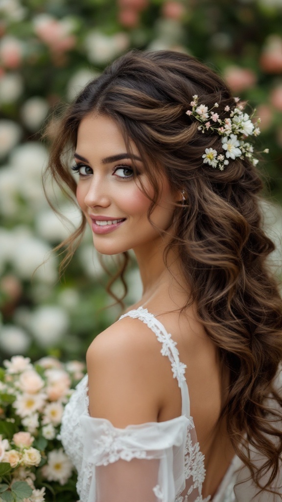 Bridesmaid with romantic loose waves and floral accents