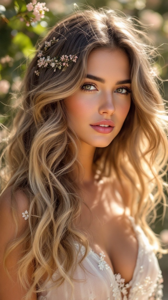 A model showcasing romantic loose waves with floral accents in her hair.