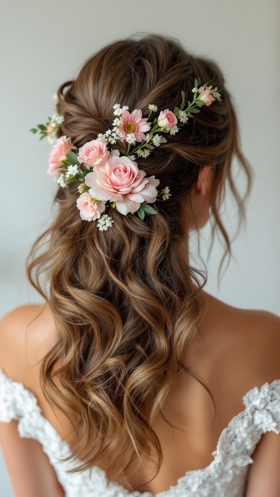 Bridesmaid hairstyle with romantic loose waves and flowers