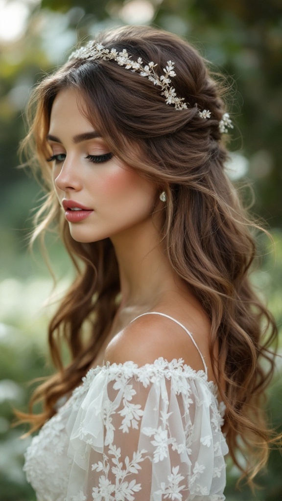 A woman with loose waves and a delicate hairband, wearing a lace dress.