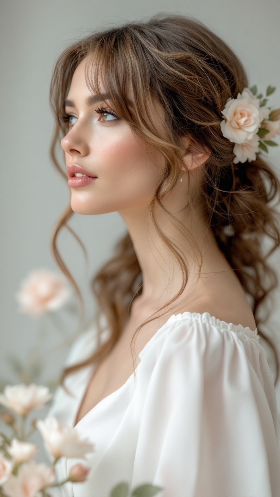 Bride with loose waves and wispy bangs adorned with flowers