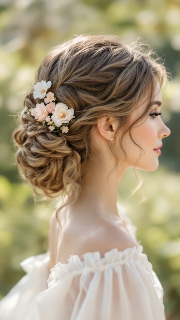 A side profile of a flower girl with a romantic low chignon hairstyle adorned with small flowers.