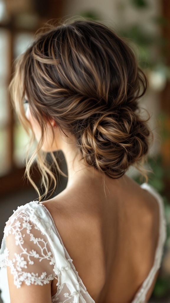 A romantic low messy bun hairstyle with loose strands, featuring a bride's back in a detailed lace wedding dress.