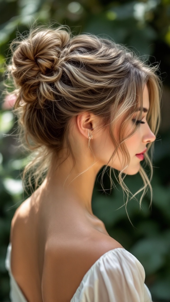 A side view of a woman with a romantic messy bun hairstyle, featuring loose tendrils framing her face.