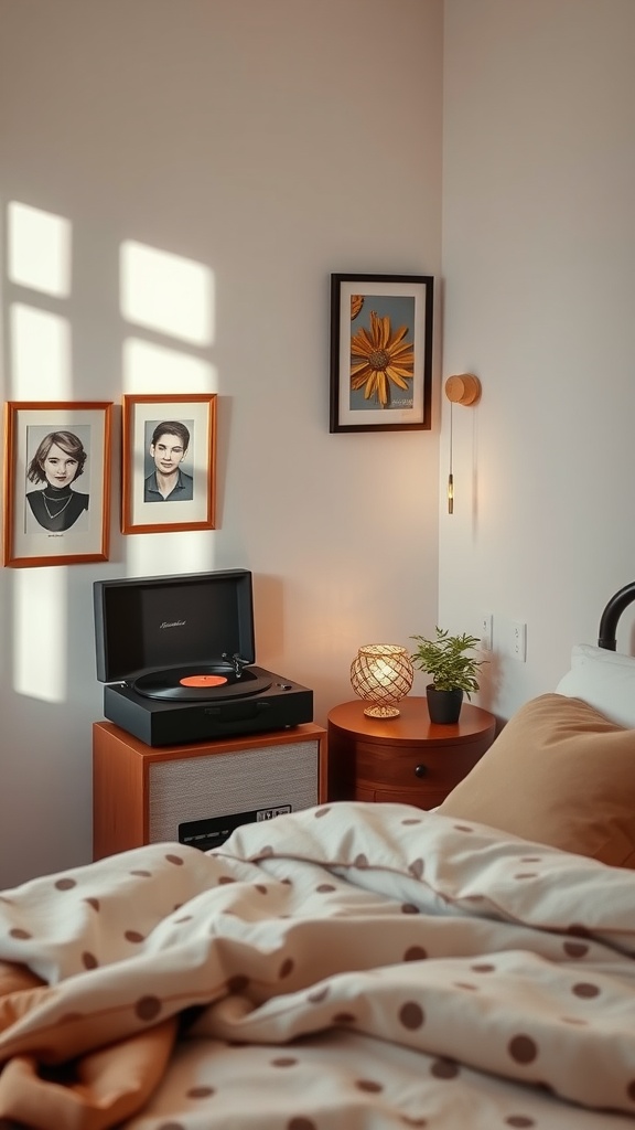 A cozy bedroom corner with a record player, framed photos, a lamp, and a plant, perfect for romantic music.