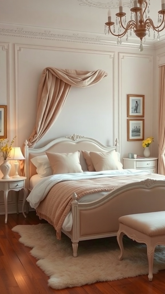 A romantic Parisian bedroom featuring a soft color palette, elegant bed, chandelier, and decorative elements.