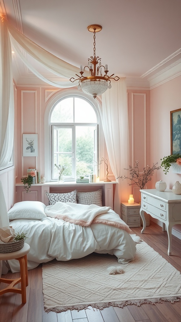 A cozy bedroom featuring pastel pink walls, white linens, and elegant decor.