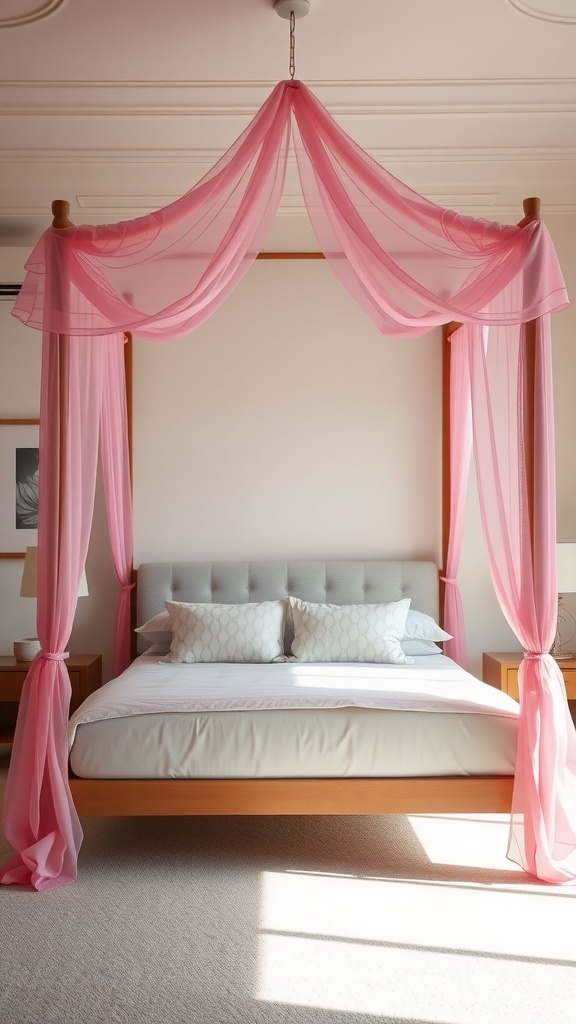 A romantic pink bed canopy draped over a four-poster bed with soft pillows and neutral bedding.