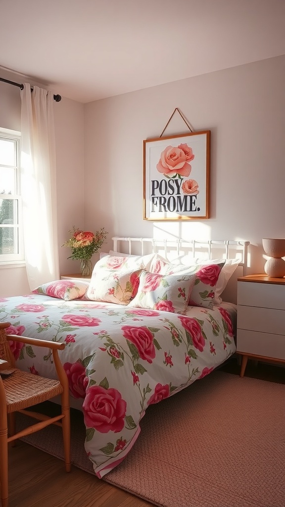 A cozy bedroom featuring floral bedding with pink roses, a framed rose artwork on the wall, and a vase of fresh flowers on the nightstand.