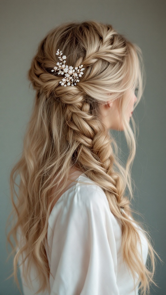A woman with long, wavy hair styled in a romantic side braid, adorned with a floral claw clip.