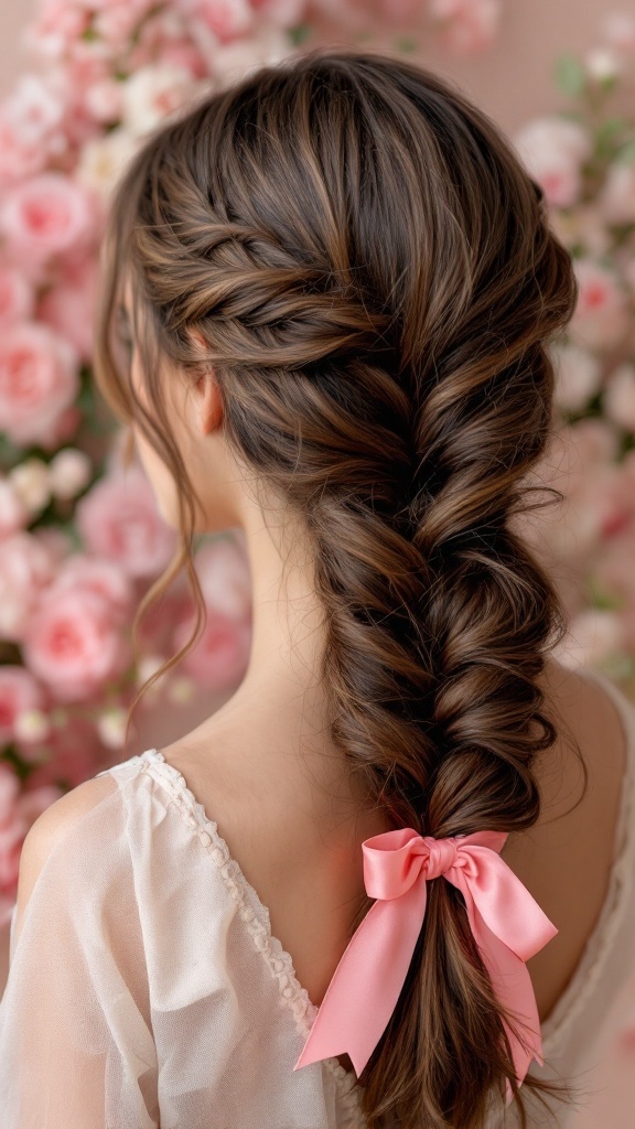 Romantic side braid with a pink ribbon