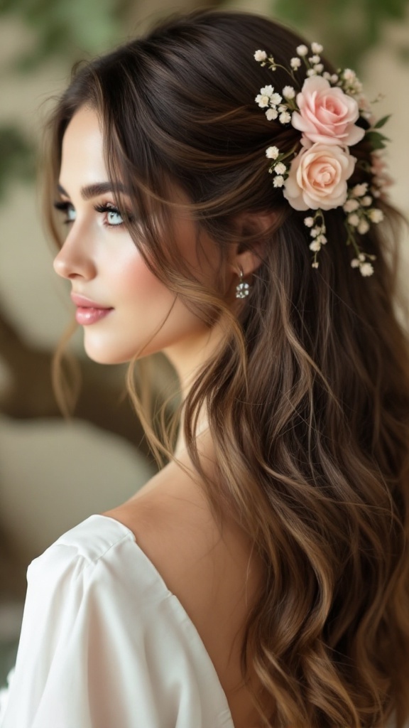 A woman with a half up half down hairstyle featuring romantic flower accents.