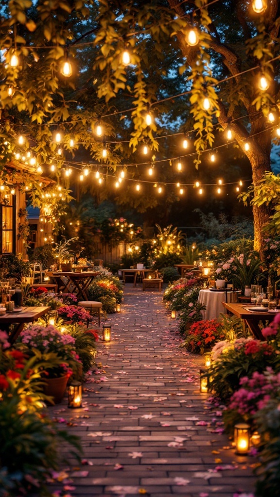 Backyard engagement party setup with string lights and flowers
