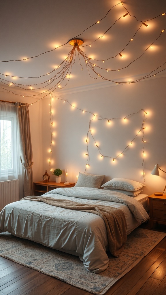 A cozy bedroom decorated with string lights, creating a romantic atmosphere.