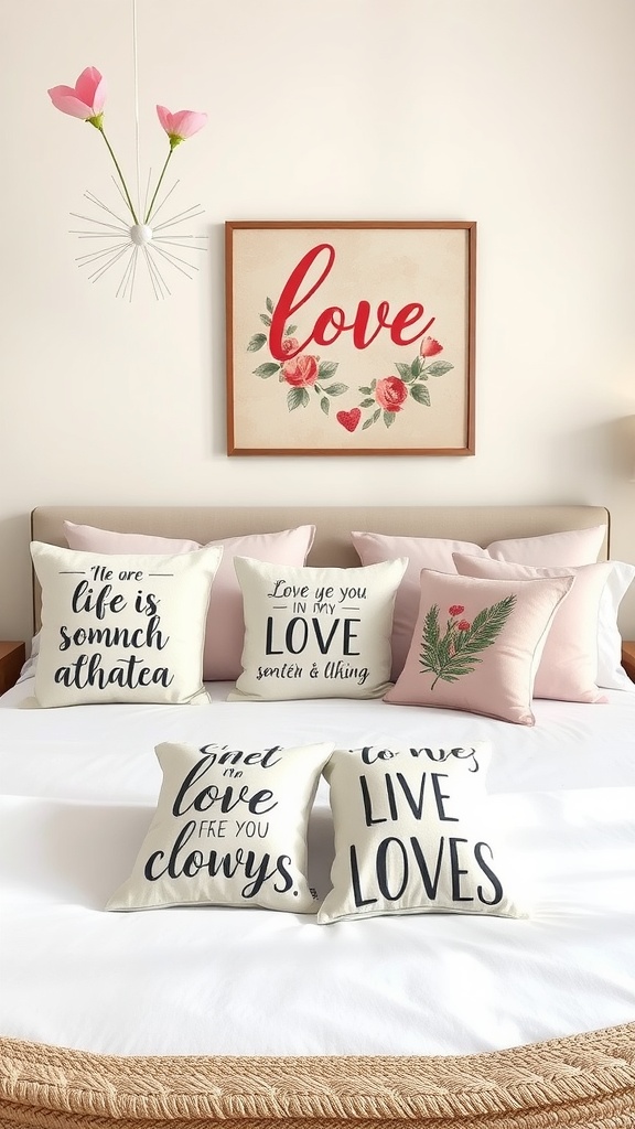 A cozy bedroom with romantic throw pillows featuring love-themed phrases and floral designs.