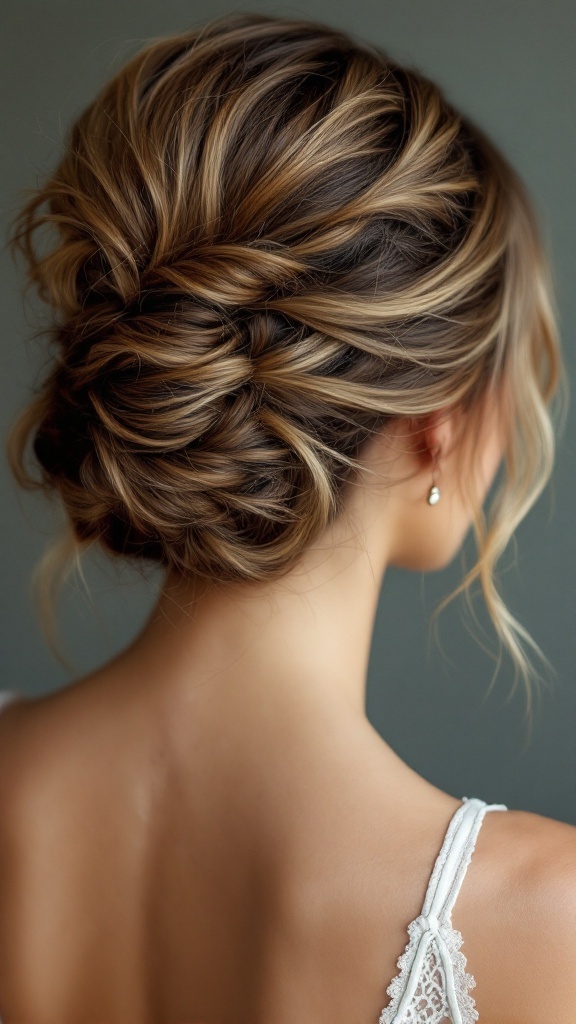 A romantic twisted bun hairstyle with tendrils falling around the face, showcasing soft waves and a polished appearance.