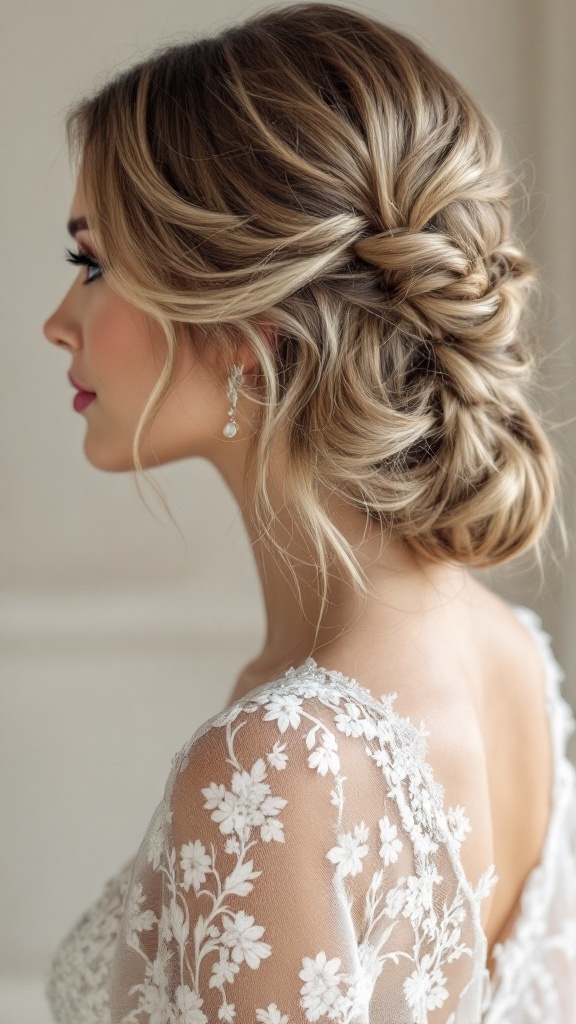 A romantic twisted hairstyle with a side part, featuring soft waves and delicate twists, styled for a bride.