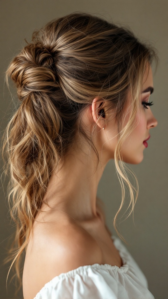 A woman with long hair styled in a romantic twisted ponytail, showcasing soft waves and elegance.