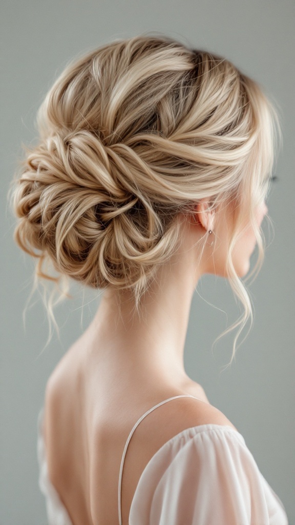 A romantic twisted updo hairstyle with soft waves, showcasing elegance and charm.