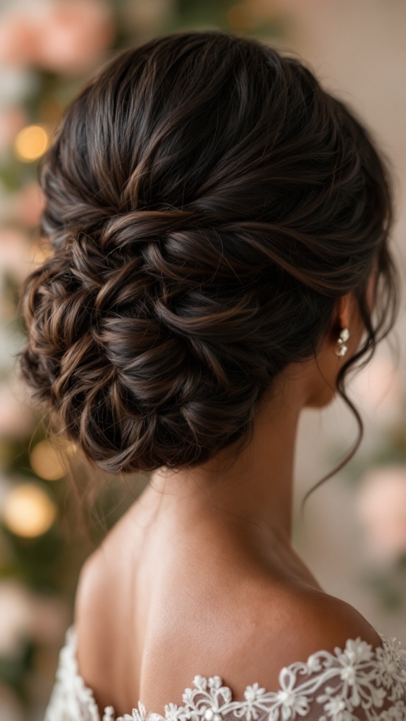 A romantic updo hairstyle for women, featuring soft tresses and elegantly arranged curls.