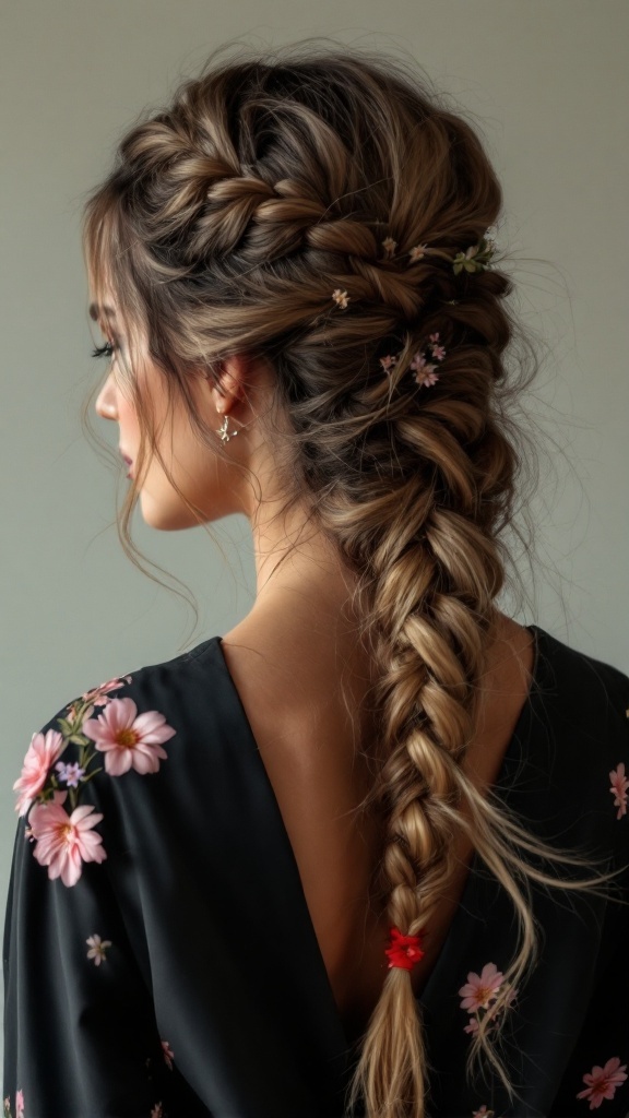 A woman with a romantic side braid adorned with flowers, wearing a V neck outfit with floral patterns.