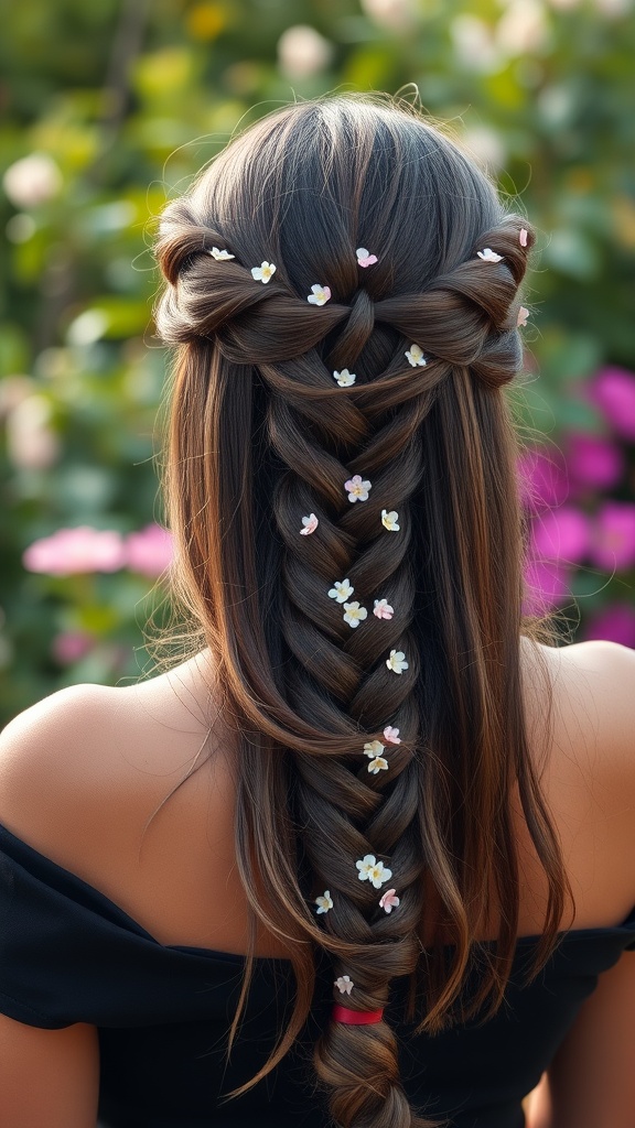 A woman's back view showcasing a romantic waterfall braid with flowers, paired with an off-shoulder top.