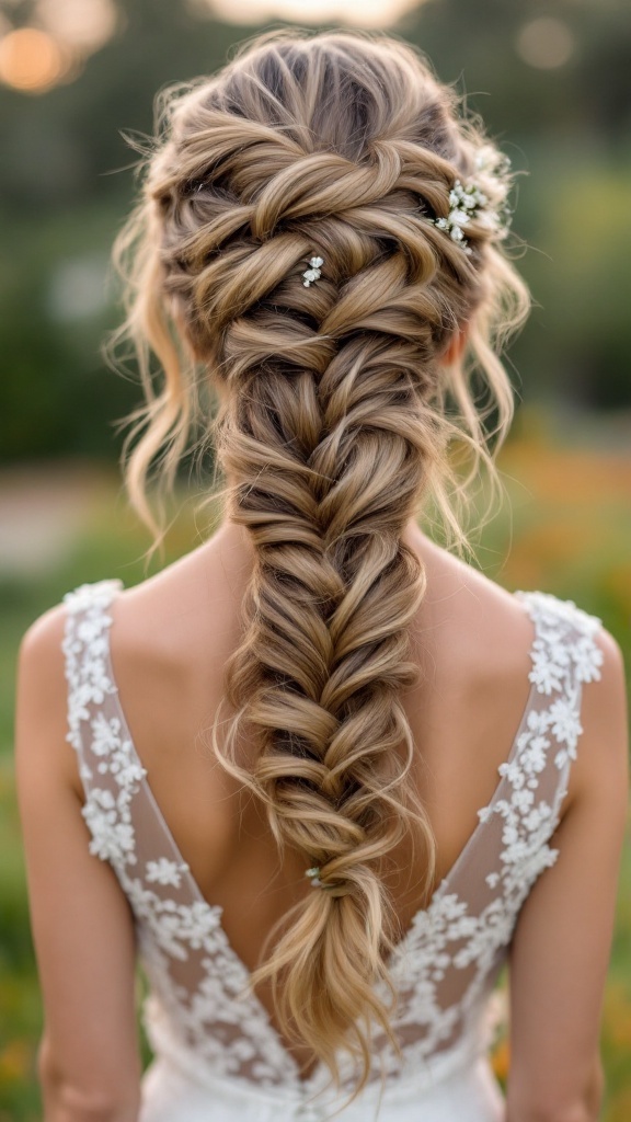 A romantic waterfall braid hairstyle with loose strands and small flowers, perfect for a bridesmaid.