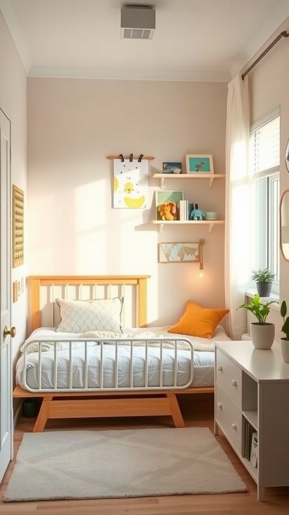 A small toddler bedroom featuring a bed, shelves with decor, and a soft rug.