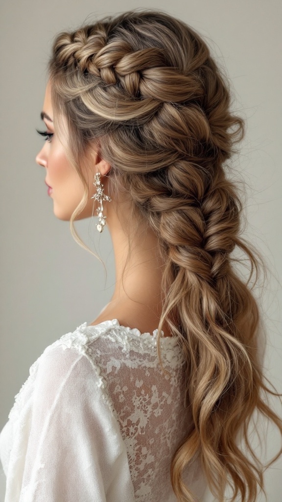A woman with long hair styled in a rope braid twist, showcasing elegant twists and volume.