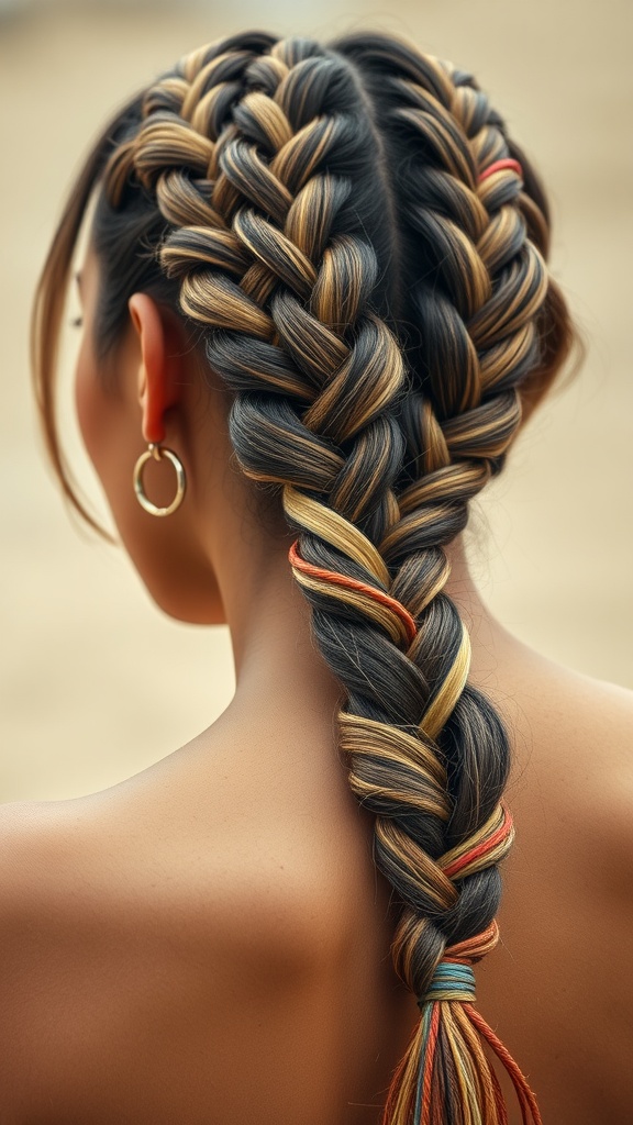 A woman with two rope braids featuring colorful accents, showcasing the intricate braid style from the back.