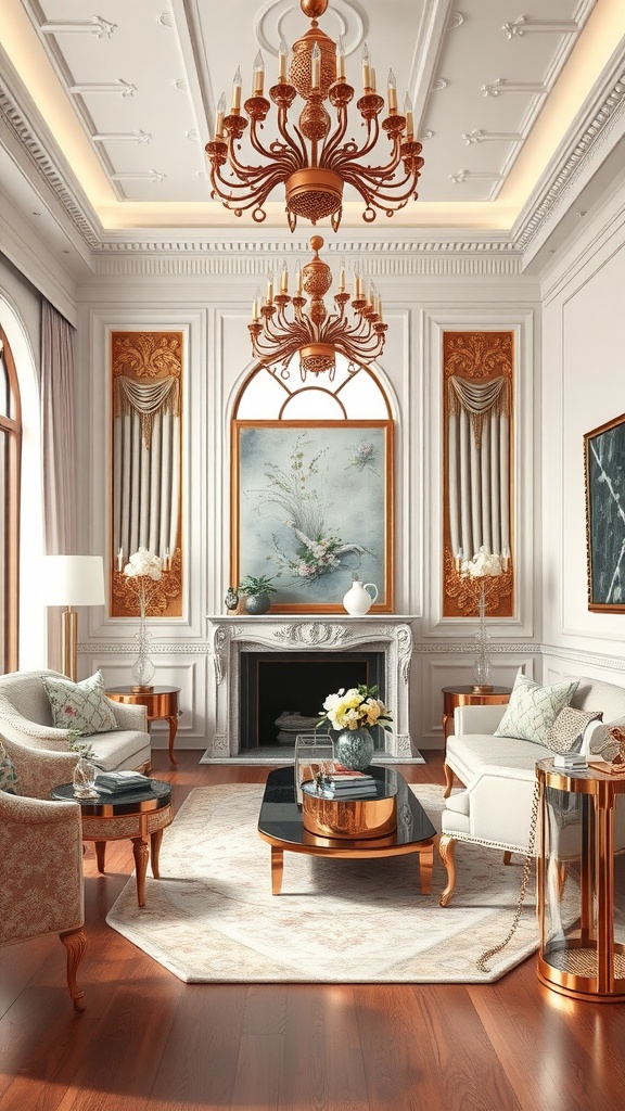 A luxurious living room featuring rose gold accents, including a chandelier and side tables, complemented by soft pink decor.