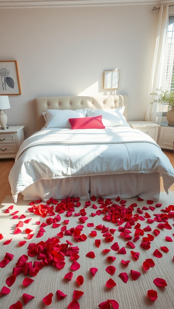 A cozy bedroom with a bed decorated with rose petals on the floor, inviting and romantic.