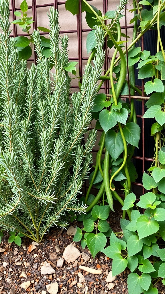 A green rosemary plant alongside climbing bean plants.