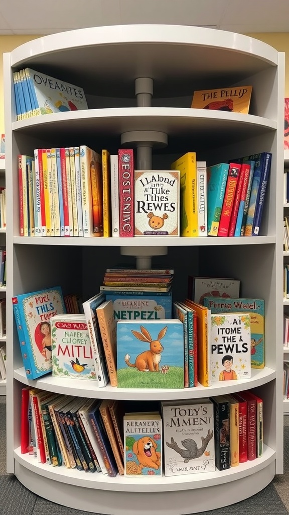 A circular rotating bookshelf showcasing colorful children's books in a nursery setting.
