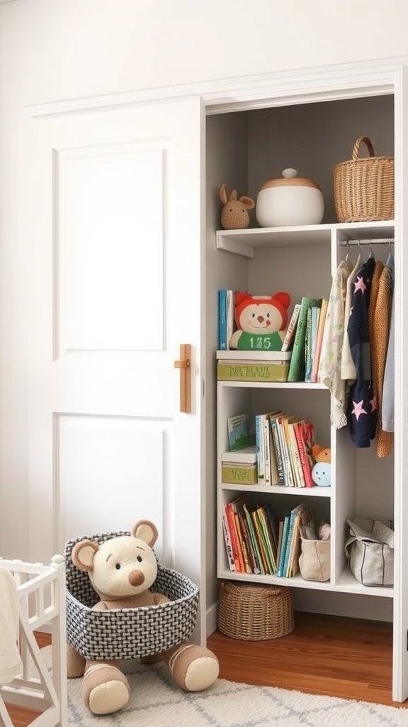 A neatly organized closet with a rotating bookshelf filled with colorful children's books, a teddy bear, and storage baskets.