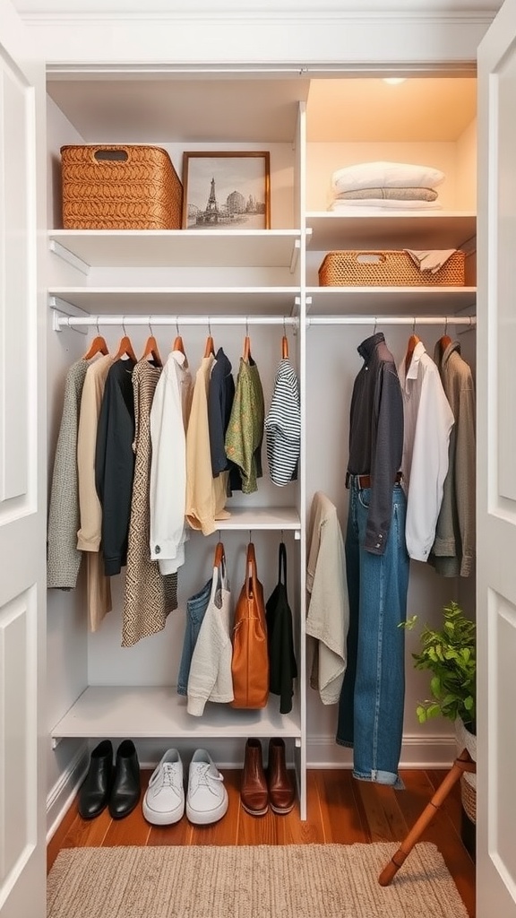 Organized toddler closet with seasonal clothes and accessories