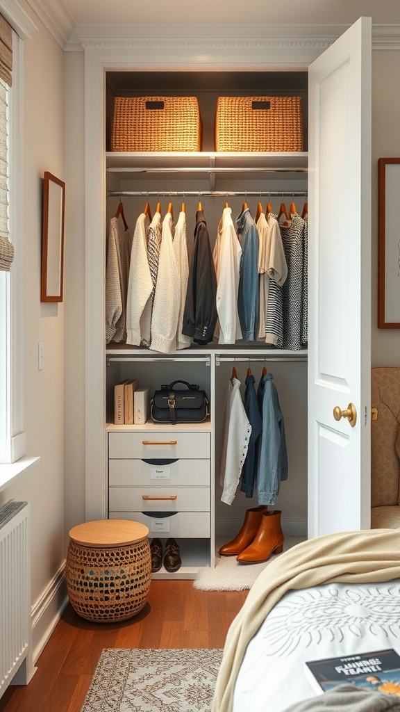 A well-organized closet with seasonal clothing, baskets, and drawers for storage.