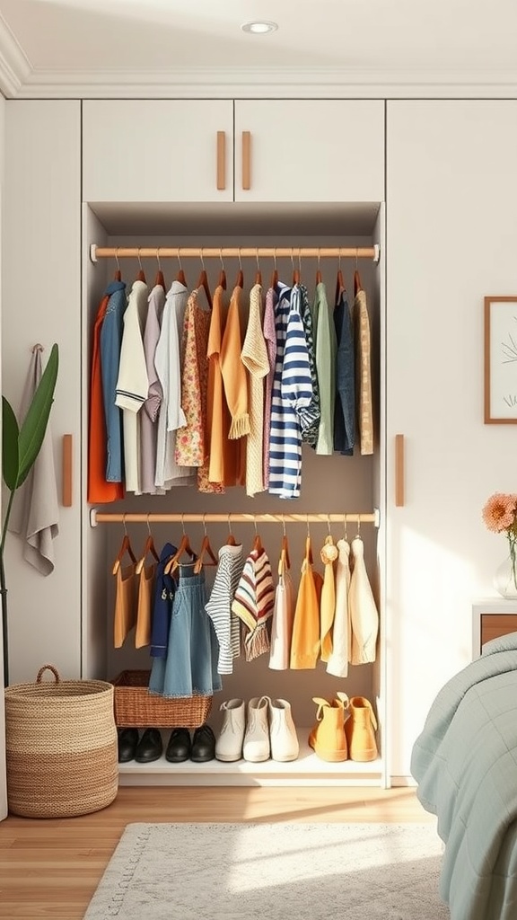A well-organized kids' closet with colorful clothes on hangers, showcasing a rotating wardrobe system.