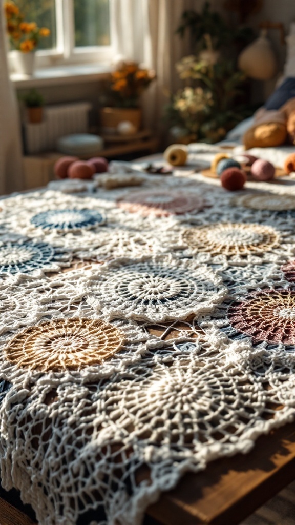 A crocheted bedspread featuring round medallion patterns in various colors.