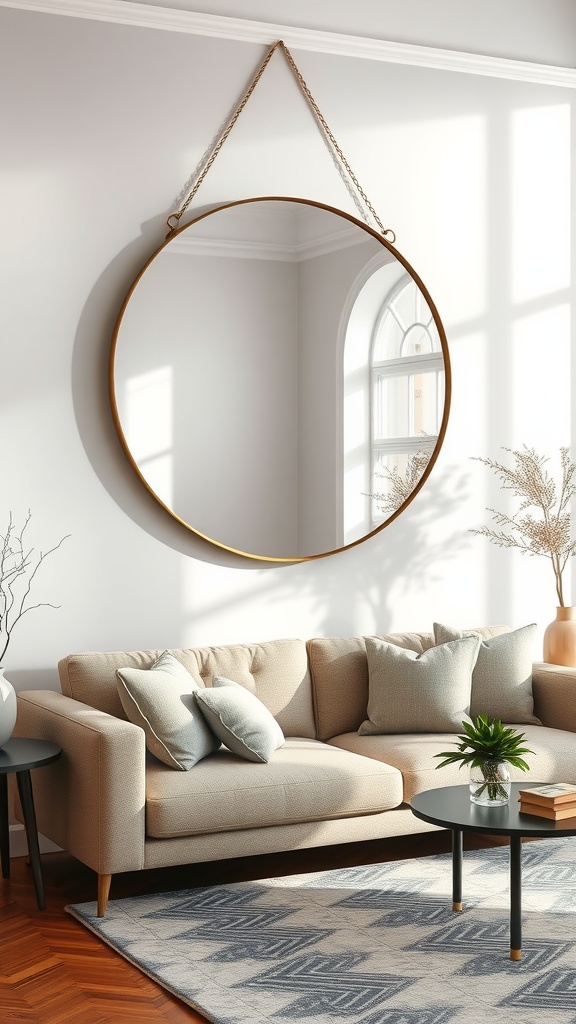 A stylish round mirror with a chain hang above a beige sofa in a bright living room