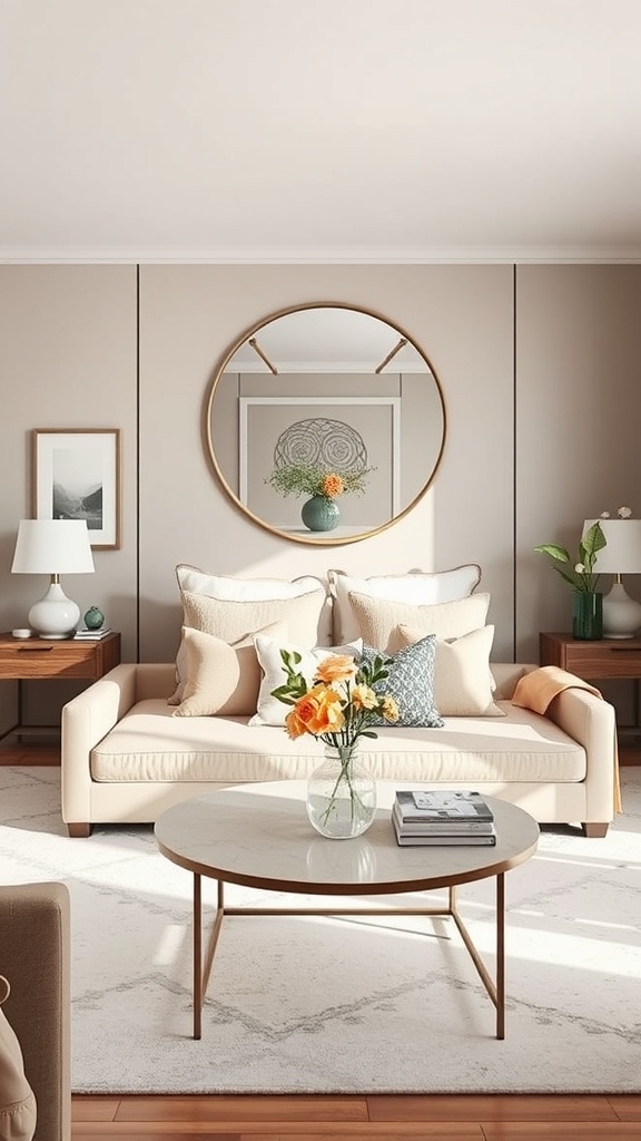 A cozy living room featuring a round mirror above a sofa with decorative pillows and a coffee table.