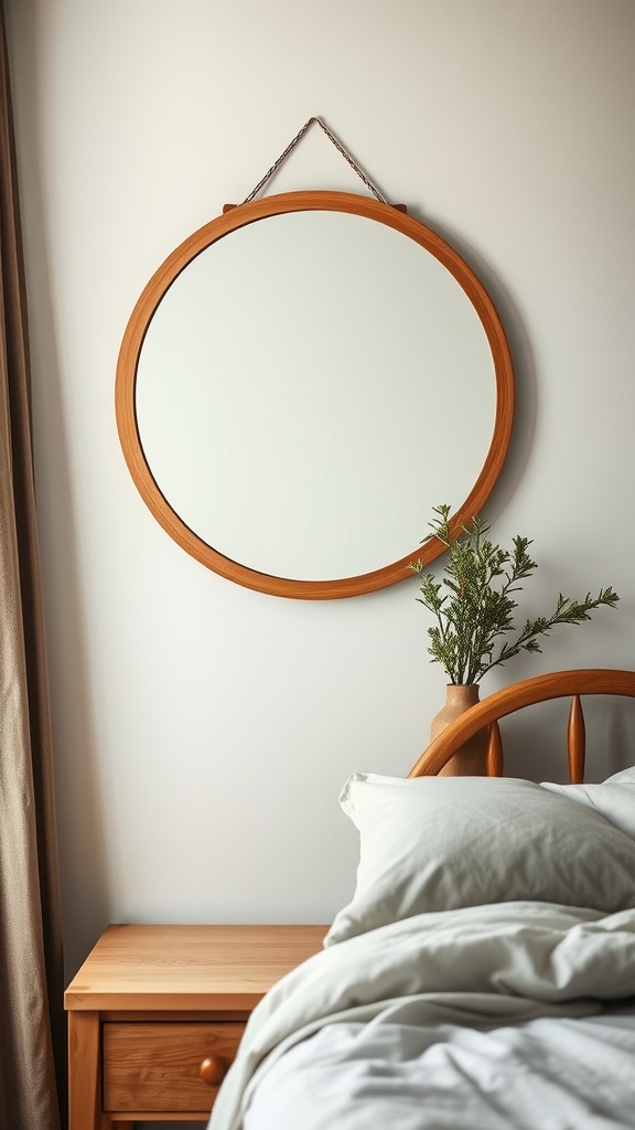 A round wooden mirror hanging on the wall above a bedside table with a plant, next to a neatly made bed.