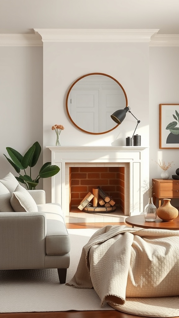 A cozy living room featuring a round mirror above a fireplace, with a light-colored sofa and plants.