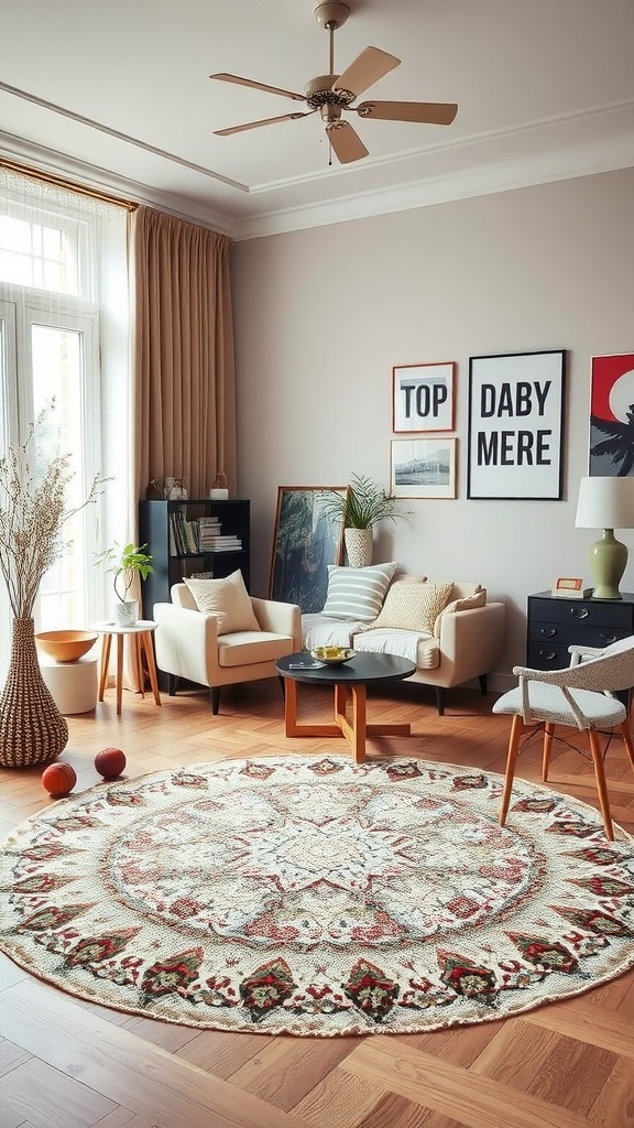 A cozy living room with a round rug, modern furniture, and decorative wall art.