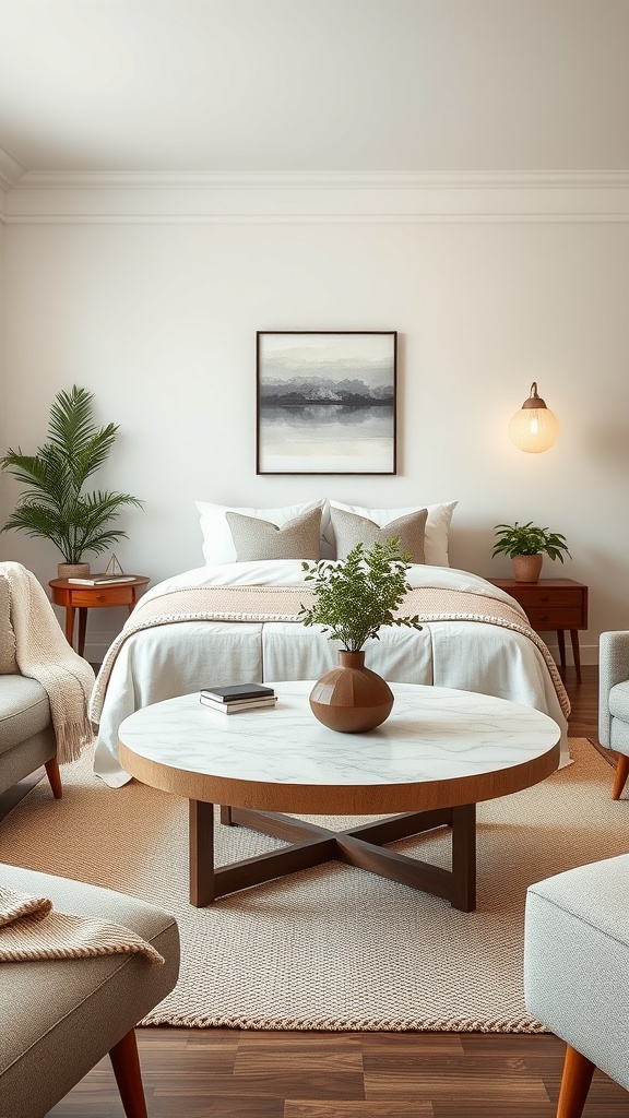 A cozy living room featuring a round marble table with a wooden base, surrounded by comfortable seating and decorative plants.